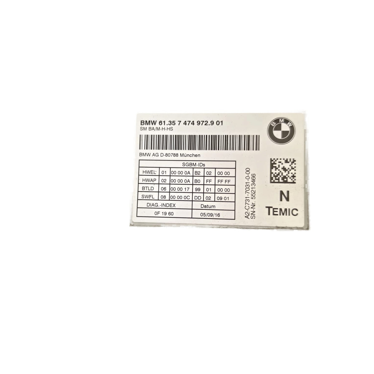 Módulo control asiento delantero BMW F30 OEM 61357474972 año 2013/2016